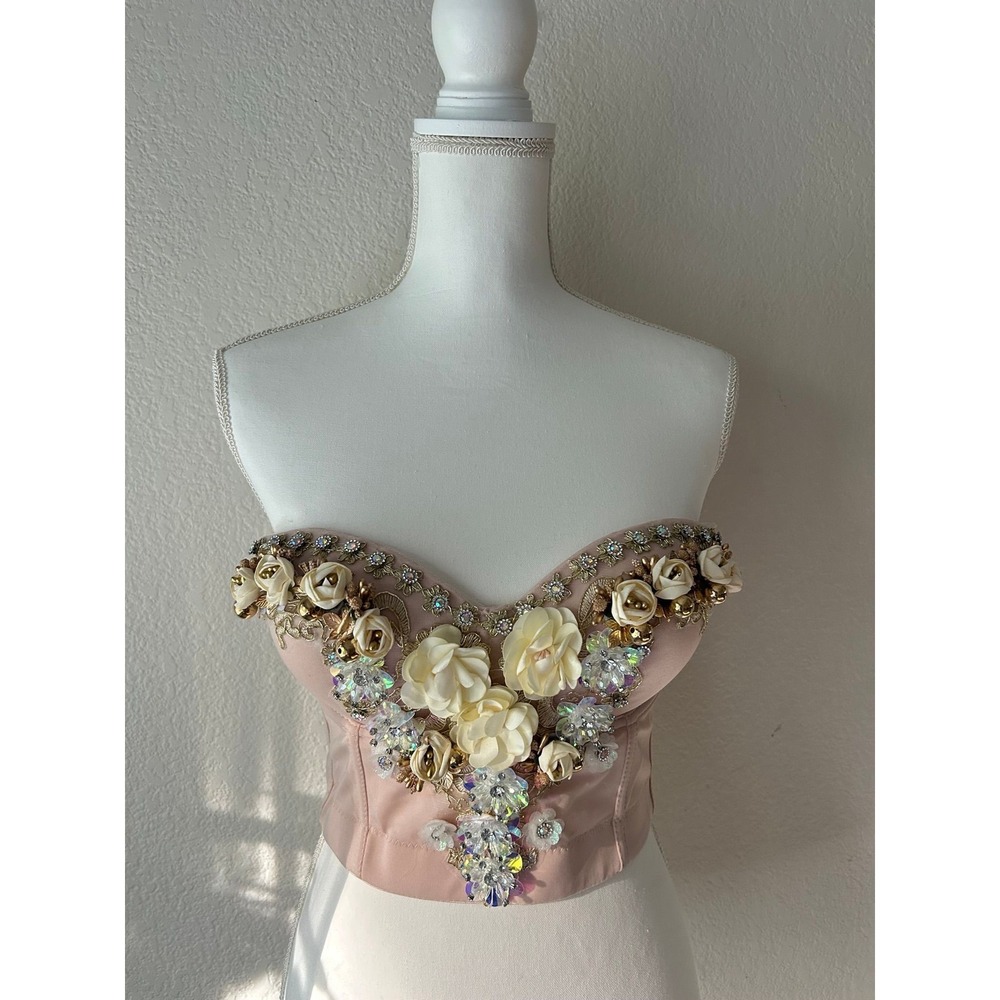 Monte Carlo Garden Bustier Embellished Blush Satin Corset Top S - Picture 7 of 8
